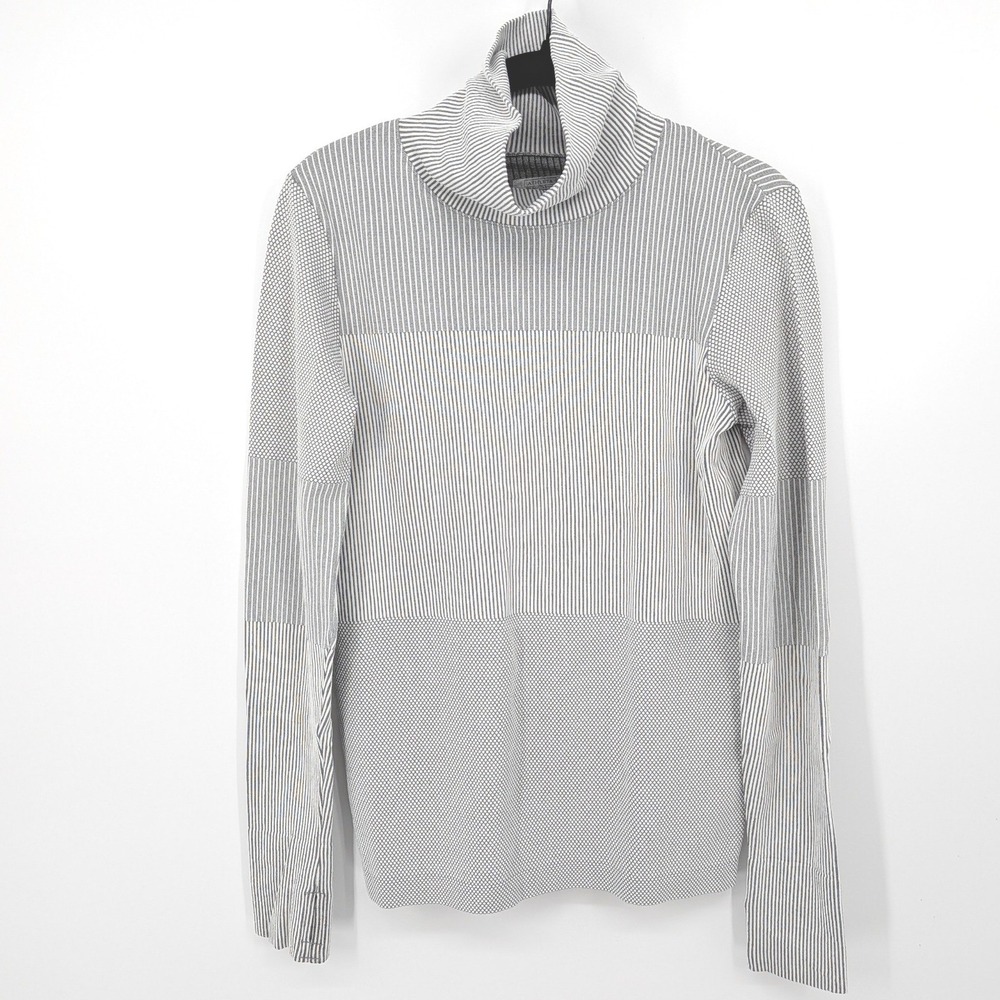 Athleta Turtleneck Top Women Medium Grey White Striped Ribbed Long Sleeve Active